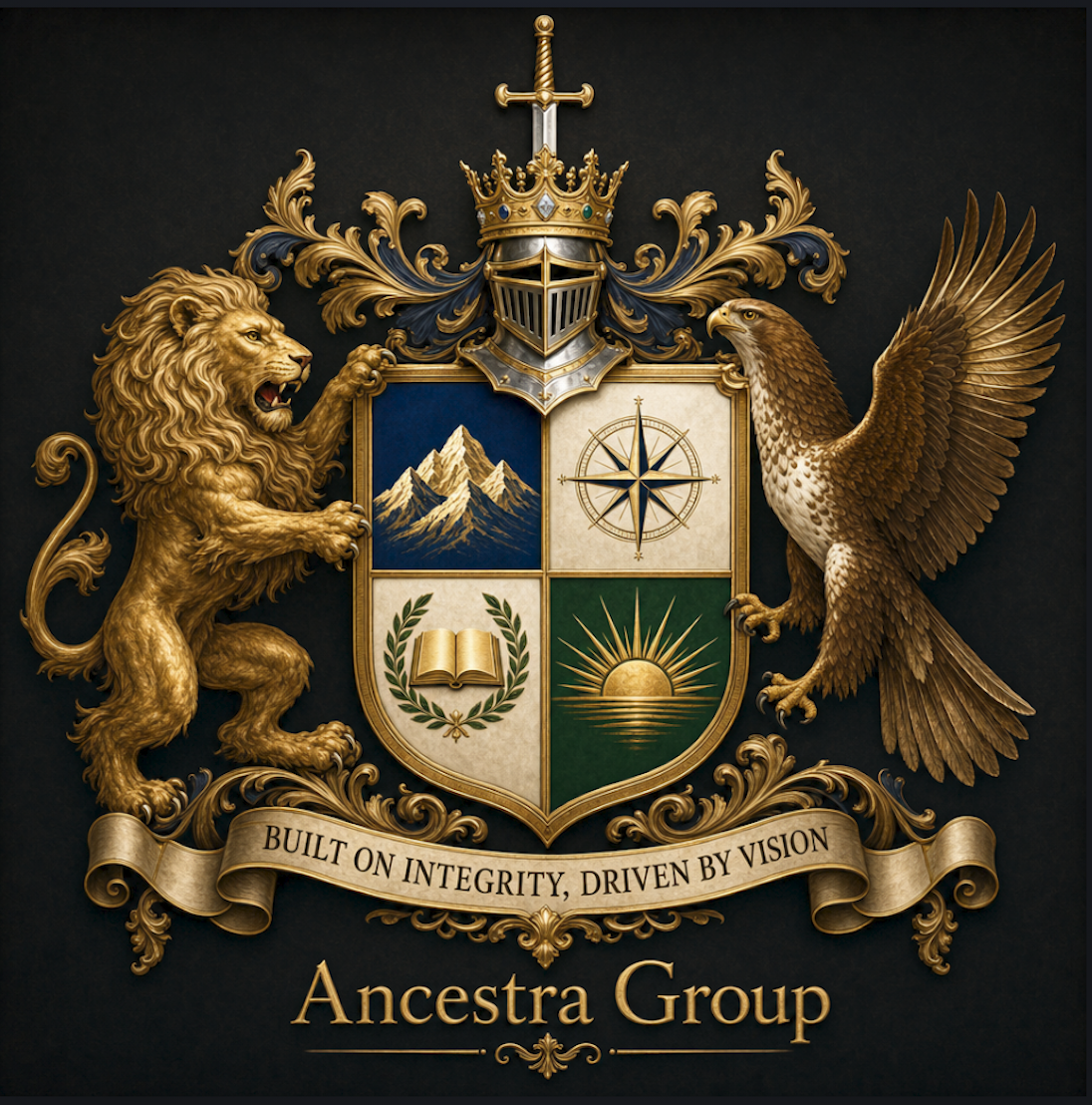 Ancestra Group heraldic coat of arms with lion and eagle, crown and shield, motto Built on Integrity Driven by Vision